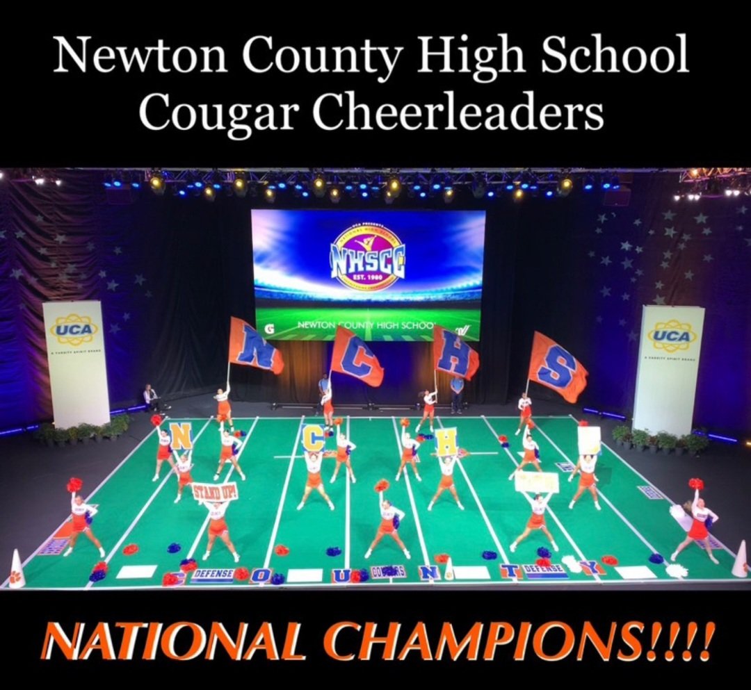 NCHSCougars's tweet photo. Newton County High School's Competition Cheer team brings home the first 🏆 place National Title! Way to Go!! Much hard work, time, and dedication paid-off!! #UCANationals
#representingNC https://t.co/mV1rNJiMLL