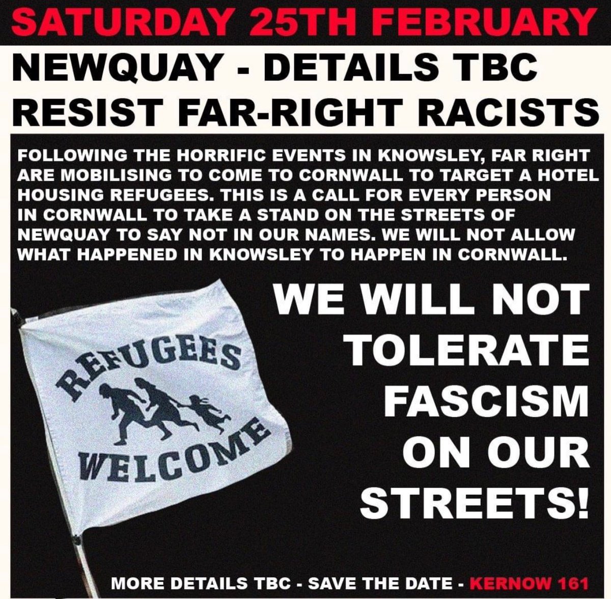 Let's show them we don't want their division and hate here. Cornwall let's mobilise! #cornwall #newquay #antifacist #refugeeswelcome. #antiracism