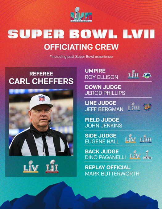 Back again for another #SuperBowl appearance is our very own Special Agent-Computer Investigative Specialist (CIS) Eugene Hall serving as Side Judge #103. He has been officiating in the #NFL since 2014. This is Eugene's third Super Bowl in five seasons! #SuperBowl2023
