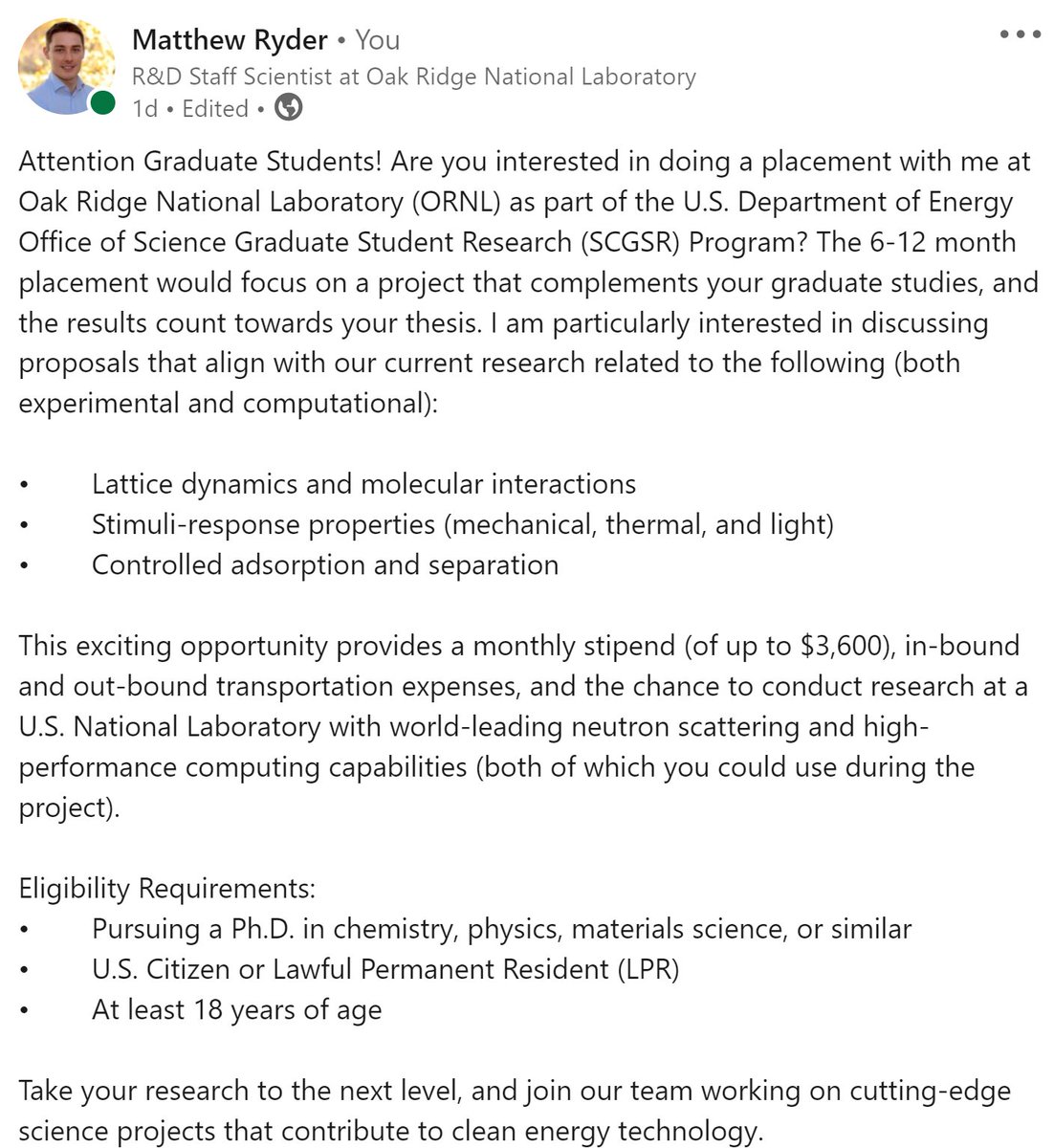 Attention Graduate Students! Interested in doing a placement with me <a href="/ORNL/">Oak Ridge Lab</a> as part of the US Department of Energy Office of Science Graduate Student Research Program? This particular opportunity is limited to US Citizens and LPRs only. Check out the details below. #CleanEnergy