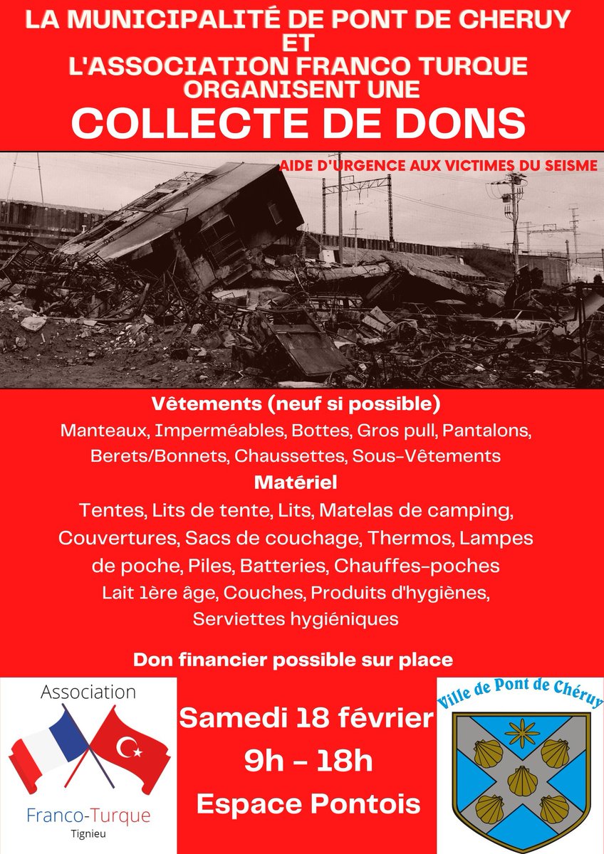 🙏 #AIDE AUX #VICTIMES DU #seisme 🙏

❤️‍🩹 Une #collecte de #dons est organisé le samedi 18 février de 9h à 18h à l'Espace Pontois, à Pont de Chéruy, pour venir en aide aux #sinistrés 🌀

👉 Le détail des besoins sur l'affiche 🩼🪫💵🧸🥼👟📚

💪 #Merci 🙏 #seismeturquie