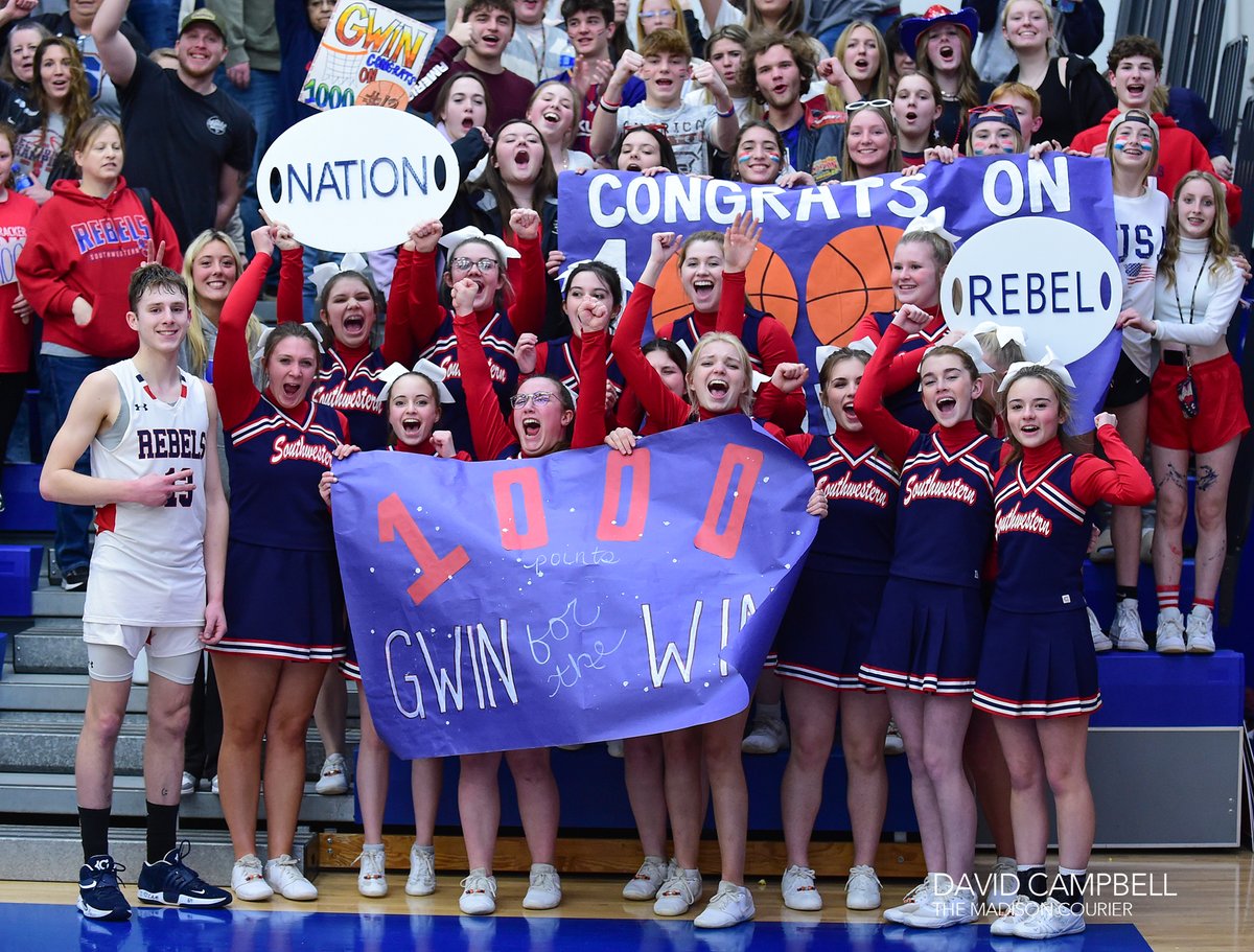 CampbellSports's tweet photo. Peyton Gwin scored his 1,000th-career point and Southwestern clinched the ORVC title in the Rebels' 71-70 win over Rising Sun on Friday. (Madison Courier Photos) https://t.co/aiIePdG6Xr
