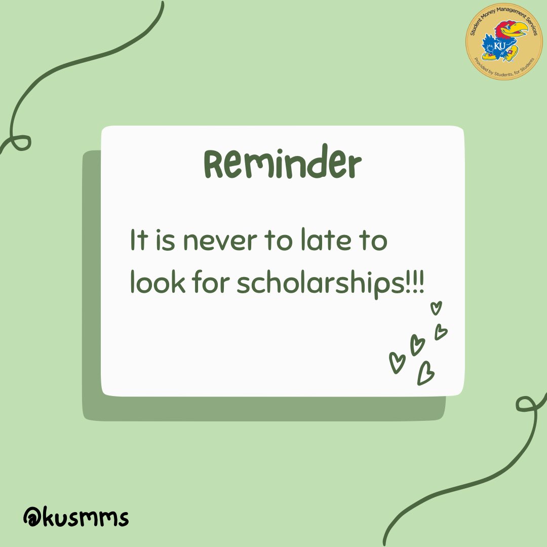 KU_SMMS's tweet photo. Hey Jayhawks!!!!

If you ever need help applying for scholarships come down to our office in Summerfield!!!

ROCK CHALK!!! https://t.co/C5eUZdReyh