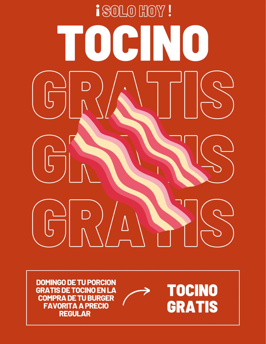 CombiBurger's tweet photo. ¡SOLO HOY! ¡Domingo de promo!
Obtén una porción de tocino en la compra de tu burger favorita a precio de menú. No olvides mencionar la promoción al pedir tu burger.
*No aplica con otras promociones* https://t.co/aEhOtVoZkZ