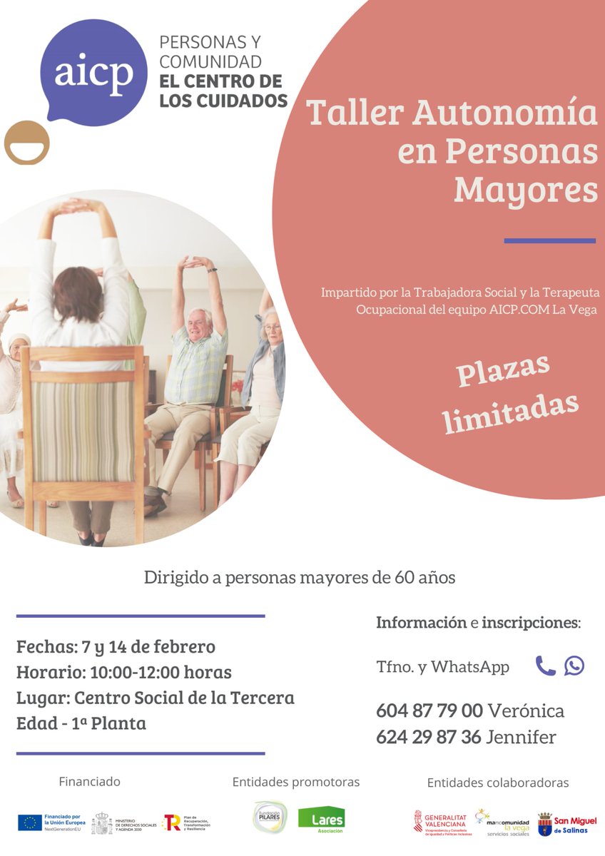 Talleres sobre #Autonomía en #PersonasMayores proyecto <a href="/aicpcuidados/">AICP.COM</a>  de <a href="/FPilares/">Fundación Pilares</a> y <a href="/Laresmayores/">Lares</a> en <a href="/MLVlavega/">Mancomunidad la Vega</a> 
Serán dos sesiones por municipio
✔️Actividades Físicas y de #cuidadopersonal
✔️Actividades de #ocio 
Infórmate de fechas y horarios en: acortar.link/pgquaM 👇