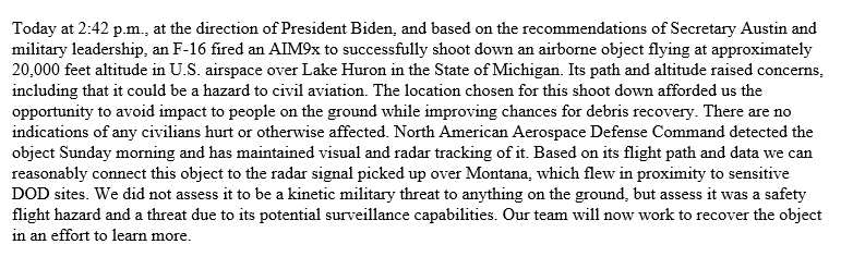 Pentagon statement on object shot down over Lake Huron