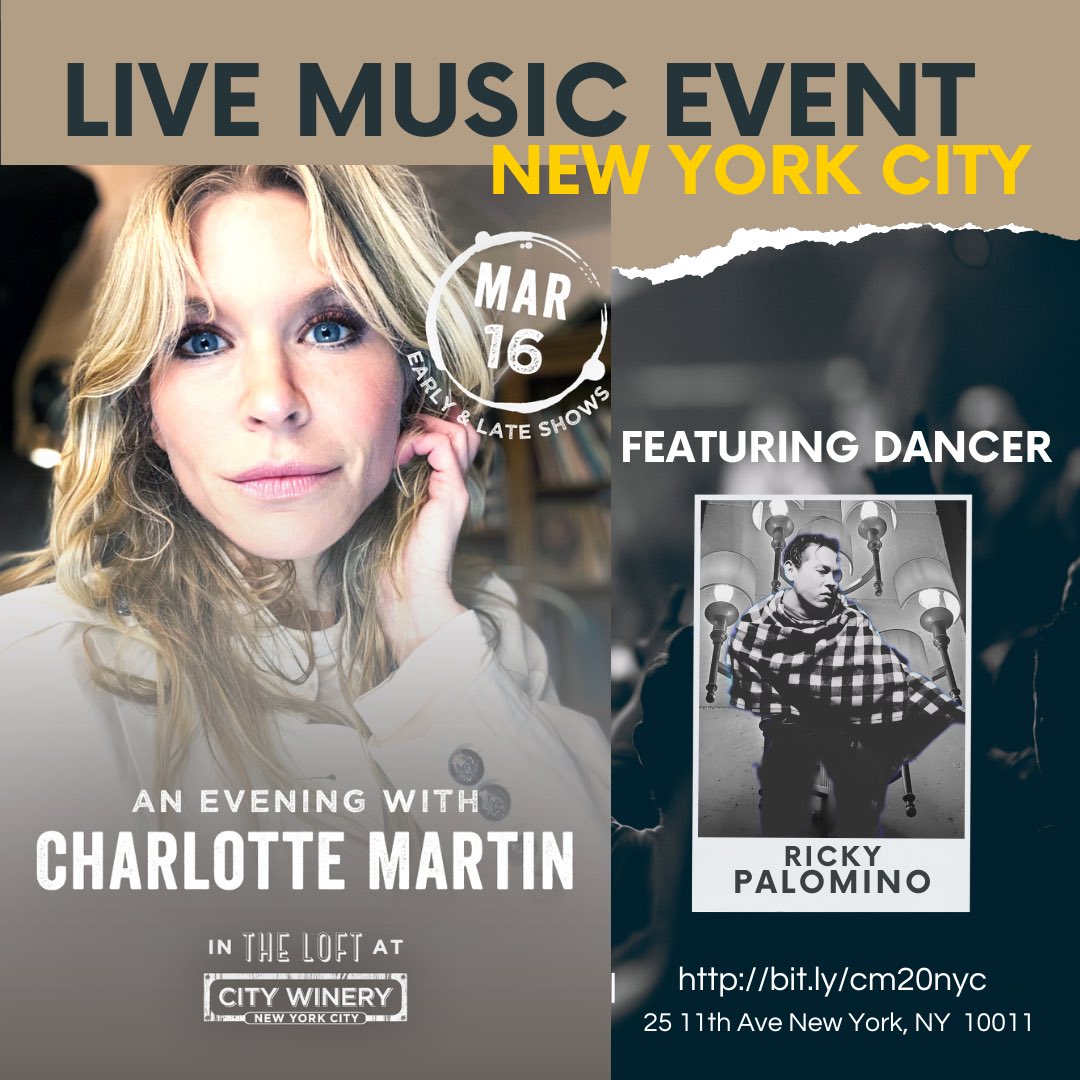 Looks like I may have the opportunity to dance at Charlotte Martin’s (<a href="/charmarmusic/">Charlotte Martin</a>) show in NYC on March 16!  Stay tuned for details! Tix here bit.ly/cm20nyc ⭐️🤩⭐️ 

#charlottemartin #citywinerynyc #theloftnyc #songwritersnyc #livemusicnyc #dancer #rickypalomino
