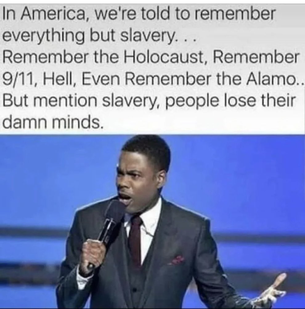 Absolutely true. You must remember the nazi holocaust. But you cannot talk about slavery. You cannot talk about Jim Crow. You cannot talk about 100 years of lynching, and you cannot talk about white mob brutality. It was long time ago and you cannot talk about racial profiling.