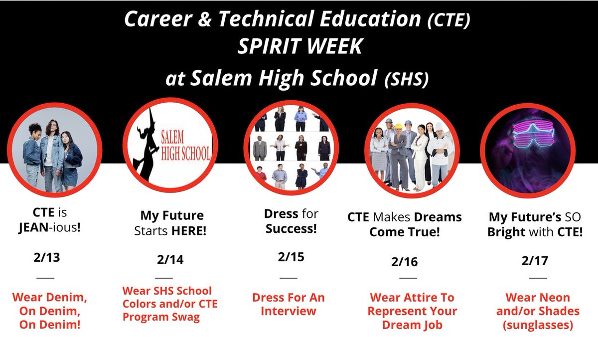 SHS_CTE_'s tweet photo. #CTEweek
SPIRIT WEEK!
Image reads:
2/13/23- MONDAY- Wear Denim👖
2/14/23- TUESDAY- Wear SHS swag or SHS CTE swag
2/15/23- WEDNESDAY- Dress for an interview
2/16/23-THURSDAY- Wear attire that represents your dream job!
2/17/23- FRIDAY- Wear NEON or Sunglasses 🕶
#CTEMonth https://t.co/A9am357c4J