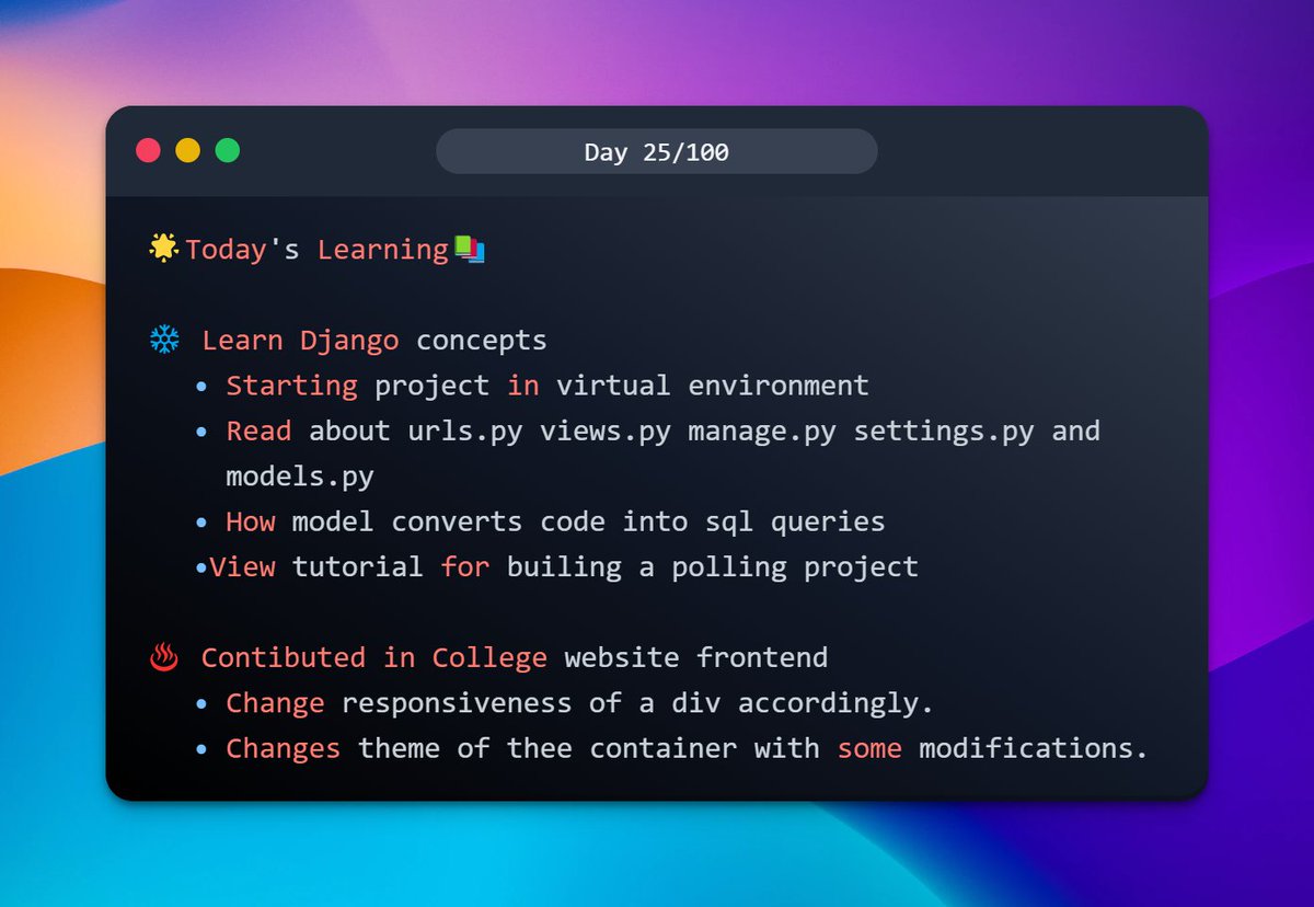 AnupeshVerma's tweet image. Hello folks!!!
Today I have learned new and important concepts of Django and a little contribution to my website project.

Hope you guys are doing well.
🙂🙂

#100daysofcode #daysofcoding #100daysofcodingchallenge #tailwindcss #tailwind #leetcode #dailycode #coding #programming