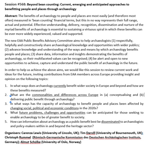 Still time to submit an abstract  #EAA2023 session#568 "Beyond Bean Counting" on current, emerging and anticipated approaches to benefitting people and places through archaeology - bring the EAA hive mind to nurturing the public benefits of archaeology. Deadline 13 Feb 23:59CET
