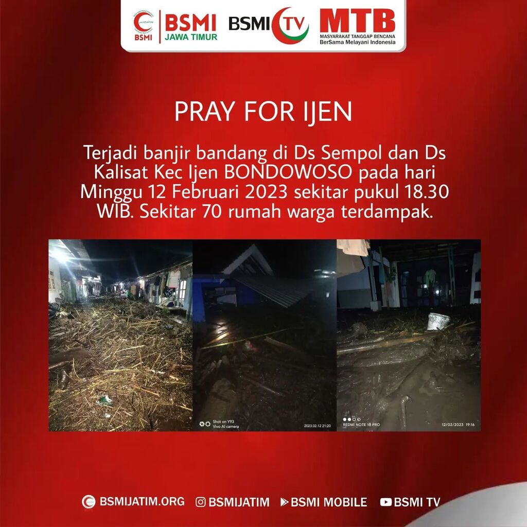 BSMIJatim's tweet photo. Ijin melaporkan Situasi dan Kondisi, pantauan pada :
Hari : Minggu
Tgl : 12 Fabruari 2023
Pukul : 21:19 WIB

Jenis Kejadian/Musibah:
- Banjir Bandang

Kronologi
- Pada hari Minggu, 12 Februari 2023 mendapatkan laporan dari warga bahwa telah terjadi kejadian Banjir Bandang. K… https://t.co/Eaj0m2vUKj