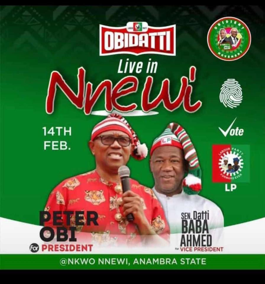 Peter Obi will be at Nkwo Nnewi, Anambra State on Tuesday, Feb. 14.🔥 

E Go Choke🔥🔥🔥 

#ObiIsComing #ObiDattiInAnambra