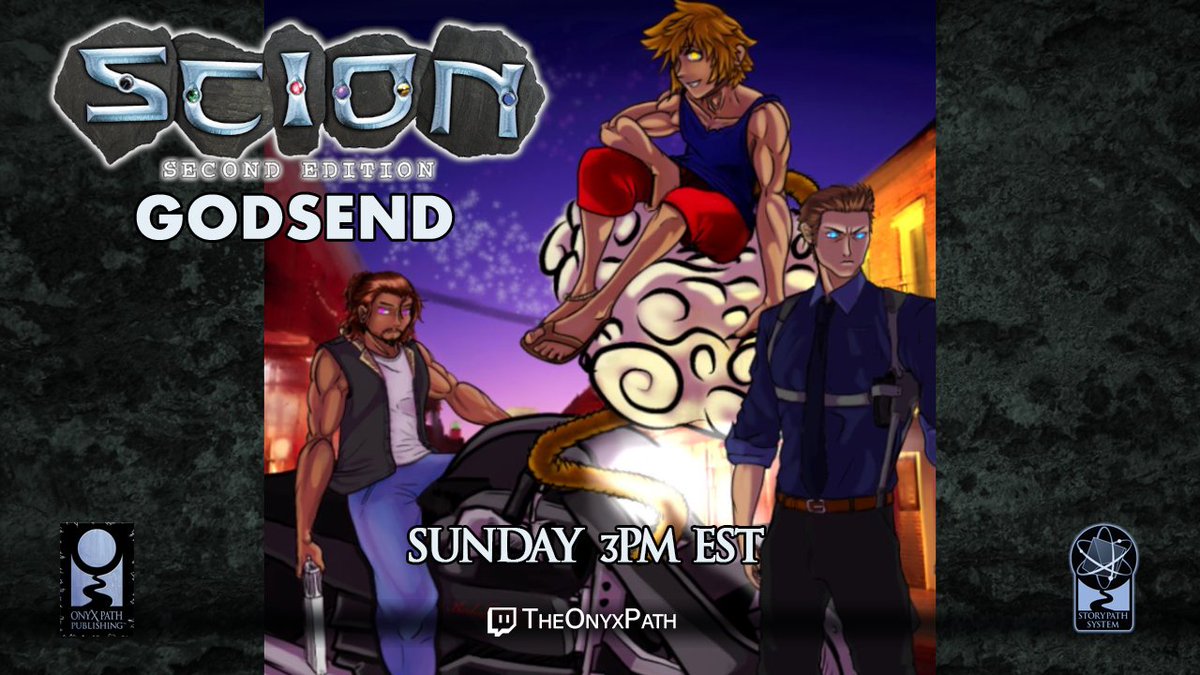 TheOnyxPath's tweet photo. Join us at 3PM EST as @RamosTheNomad and the @_rollingnomads crew return for more of their Scion Actual Play — Scion: Godsend! Live at https://t.co/5O3X9FMllS 
Gods, Titans, Dragons, and more! #storypath #theonyxpath #onyxontwitch #ttrpg https://t.co/YdseanSdMW