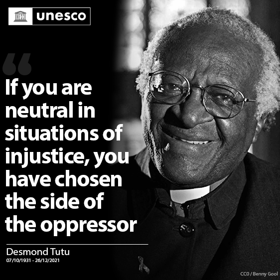 UNESCO's tweet photo. Remember the difference one voice can make. Remember that even in the deepest darkness, #HumanRights &amp; fundamental freedoms will always be our guiding light.

This is what #DesmondTutu taught us all &amp; this is the message we must forever carry on. https://t.co/aCADFJM2x2
