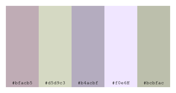 ColPaletteBot's tweet photo. Beep beep, here's a pretty color palette for you!
color-scheme.js parameters used:
- hue: 134
- variation: pale
- colors: #bfacb5, #d5d9c3, #b4acbf, #f0e6ff, #bcbfac
Have a lovely evening!
#twitterbot #colorpalette #colors #palette #prettycolors https://t.co/gmK0BYsN3U