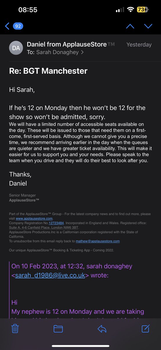 SarahDonaghey's tweet photo. @ApplauseStoreUK @BGT I asked applause store if my nephew could go to the show in Manchester as he was 12 the next day, age restriction 12. And was given this answer… however there were younger children in the audience?? Thanks, he missed his birthday treat!!! #jobsworth https://t.co/AvRFHF0tEl