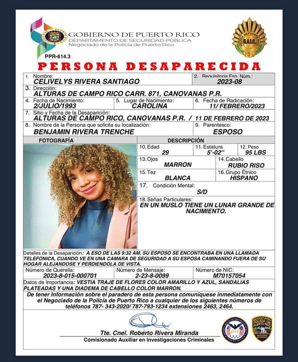 PRPDNoticias's tweet photo. POLICÍA ACTIVA ALERTA ASHANTI TRAS RECIBIR INFORMACIÓN ADICIONAL DURANTE LA INVESTIGACIÓN POR LA DESAPARICIÓN DE CELIVELYS RIVERA.      CUALQUIER INFORMACIÓN COMUNÍQUESE AL (787) 343-2020 https://t.co/hmCnCmnxnP