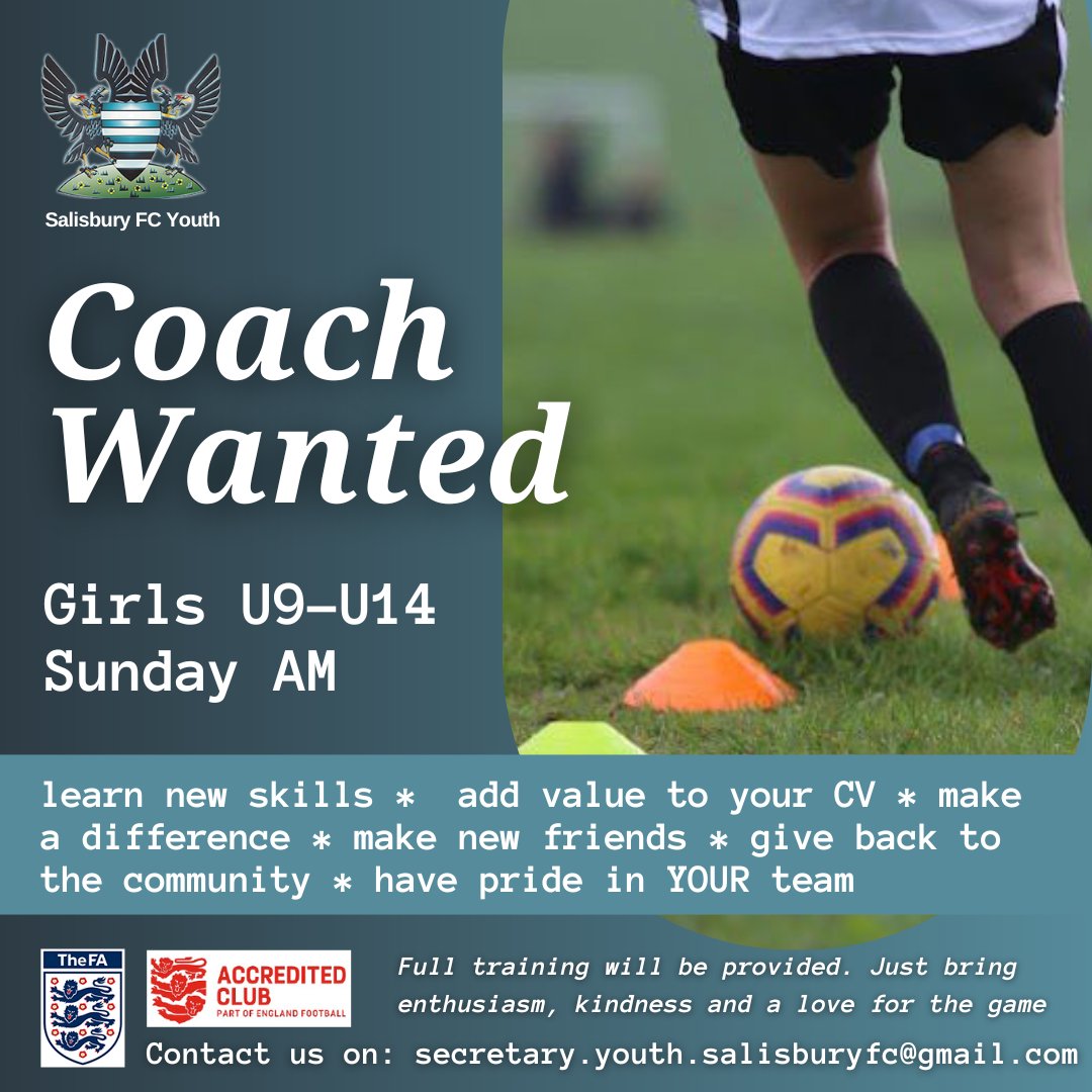Salisbury FC Youth (@sfc_youth) on Twitter photo Looking for enthusiastic coaches for our girl sessions U9-14. Love for the game and a kind, positive attitude are key. All required training/qualifications incl DBS/Safeguarding will be provided for new coaches. <a href="/WiltsCountyFA/">Wiltshire FA</a> <a href="/SalisburyFC/">Salisbury FC</a> <a href="/Saljournalsport/">Salisbury Journal Sport</a> Please RT Looking for enthusiastic coaches for our girl sessions U9-14. Love for the game and a kind, positive attitude are key. All required training/qualifications incl DBS/Safeguarding will be provided for new coaches. <a href="/WiltsCountyFA/">Wiltshire FA</a> <a href="/SalisburyFC/">Salisbury FC</a> <a href="/Saljournalsport/">Salisbury Journal Sport</a> Please RT