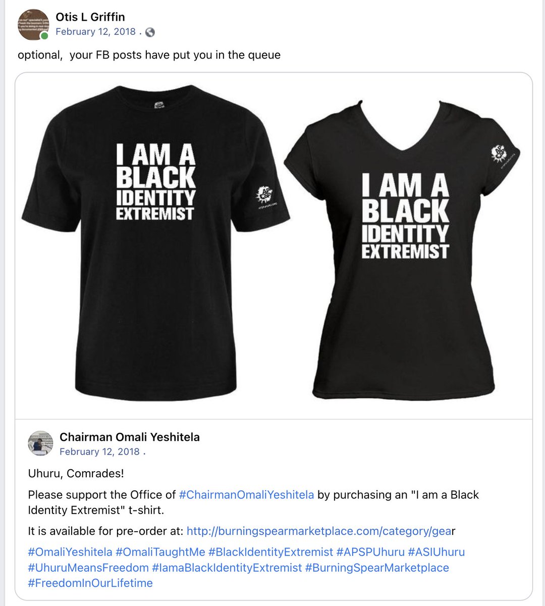 MONTYOG's tweet image. #OTD  Uhuru, Comrades! #AbolitionToday 
Please support the Office of #ChairmanOmaliYeshitela by purchasing an "I am a Black Identity Extremist" t-shirt. 
It is available for pre-order at: burningspearmarketplace.com/category/gear 
#OmaliYeshitela #OmaliTaughtMe #BlackIdentityExtremist #APSPUhuru
