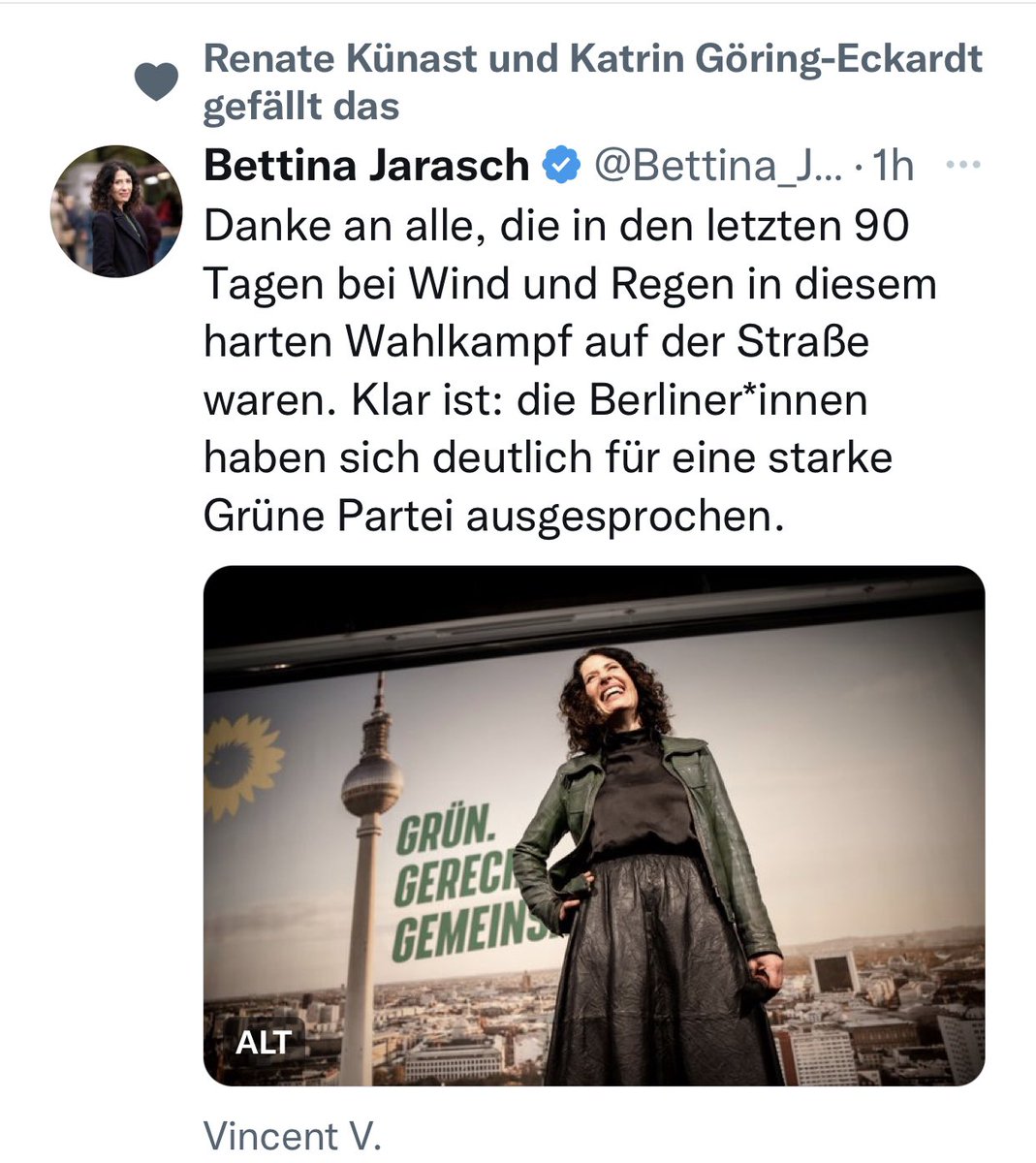 janfleischhauer's tweet photo. „Renate Künast und Katrin Göring-Eckardt gefällt das“ Bettina Jarasch kam in ihrem Wahlkreis auf den 4. Platz - mit 9,8% hinter CDU, SPD und AFD. https://t.co/KWZzDvoXu2