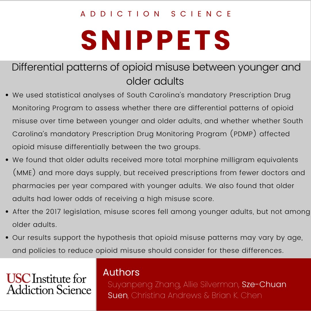IASatUSC's tweet photo. #AddictionScienceSnippets continues with "Differential patterns of opioid misuse between younger and older adults – a retrospective observational study using data from South Carolina’s prescription drug monitoring program" from #IASMember Sze-Chuan Suen.
https://t.co/xP4Ov09Ijy https://t.co/s5kd0jKCK5