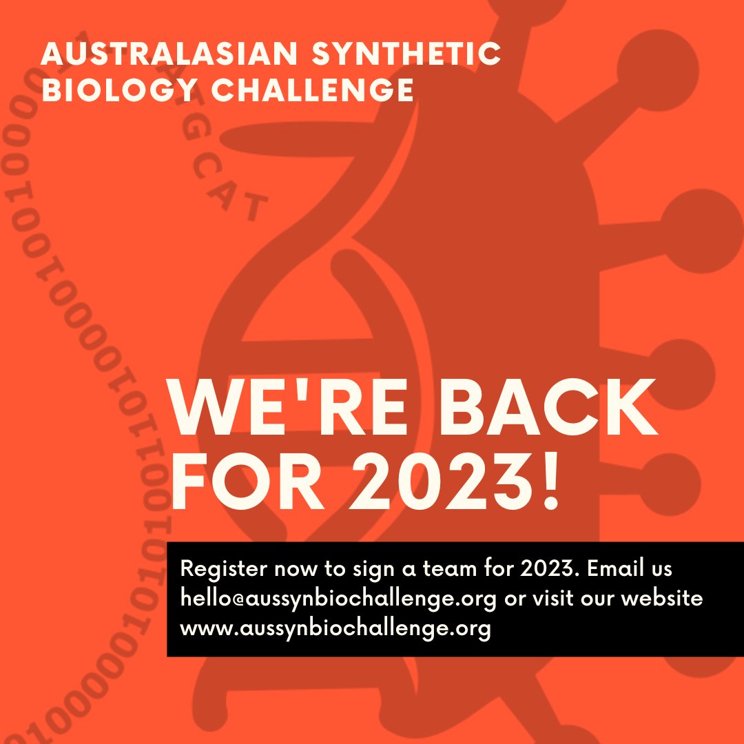 And we're back for another exciting year for #AusSynBio! Register now to sign up a team for 2023! 👩‍🔬👨‍🔬 

Registration link: shorturl.at/akL56

Email: hello@aussynbiochallenge.org

#synbio #syntheticbiology #aussynbio #synbiochallenge