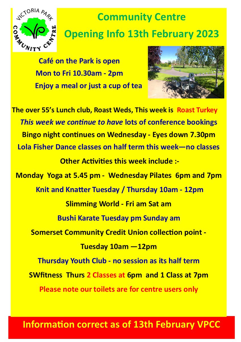 Good Morning 

Monday 13th Feb 2022 -Half term week 

Cafe on the park is open 10.30 - 2.00 Mon - Fri

Please see attached notices for details of regular activities 

Please note that as it is half term we will not have any Lola Fisher Classes this week &amp; no Youth Club 

VPCC