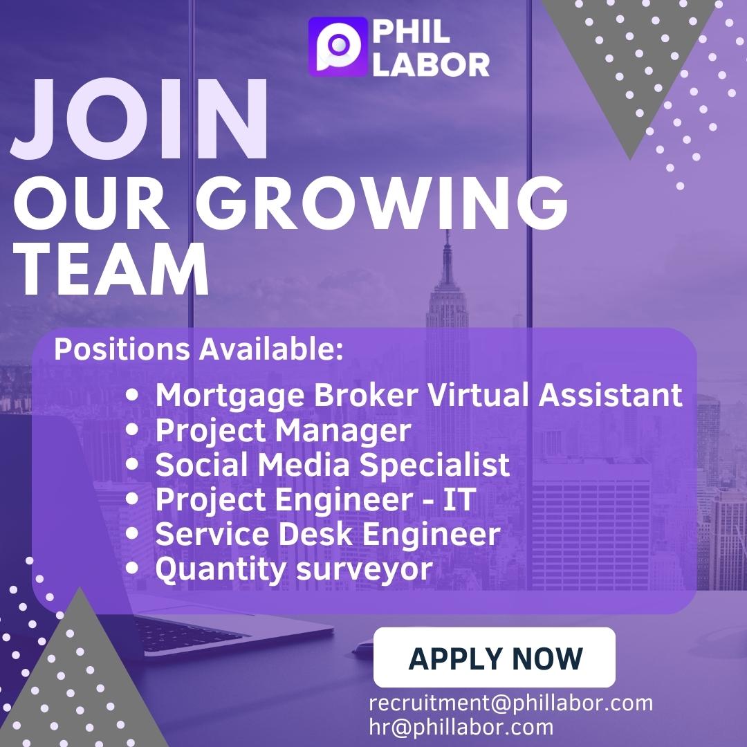 phil_labor's tweet photo. Phil Labor is HIRING!

We’d love for you to Join us in our GROWING FAMILY!
We are looking for Talented individuals who can share their proficiency and hard work.

#HIRINGNOW https://t.co/IXd5ZF93TW