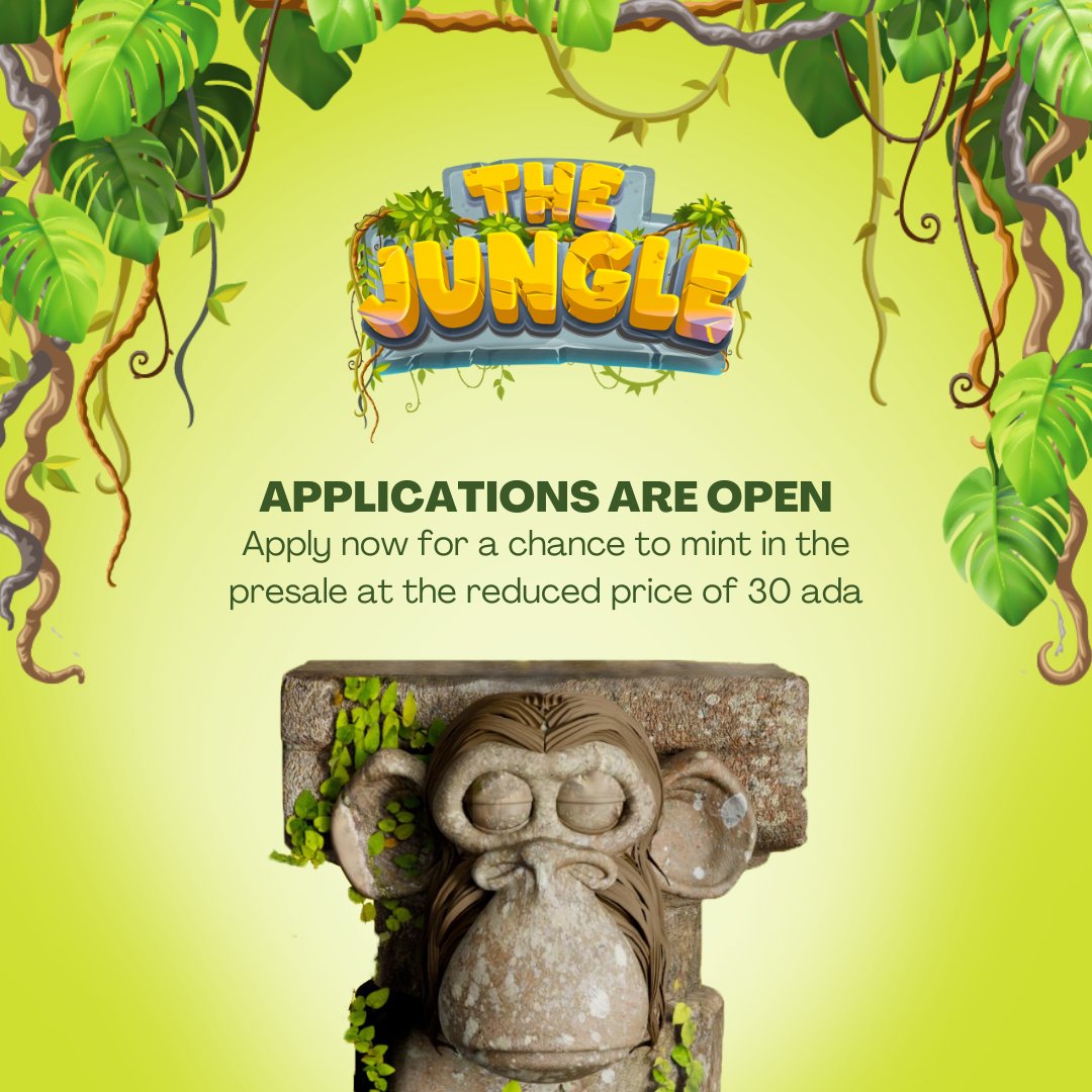 THE JUNGLE 🌴🌿 (@thejunglecnft) on Twitter photo The team will personally select the remaining JUNGLELIST members through a round of Applications
Apply now for a chance to mint in the presale at the reduced price 👀
Submit your application here:
thejungle.io
🏆 Retweet + tag 2 friends for a chance to win a BANANA The team will personally select the remaining JUNGLELIST members through a round of Applications
Apply now for a chance to mint in the presale at the reduced price 👀
Submit your application here:
thejungle.io
🏆 Retweet + tag 2 friends for a chance to win a BANANA