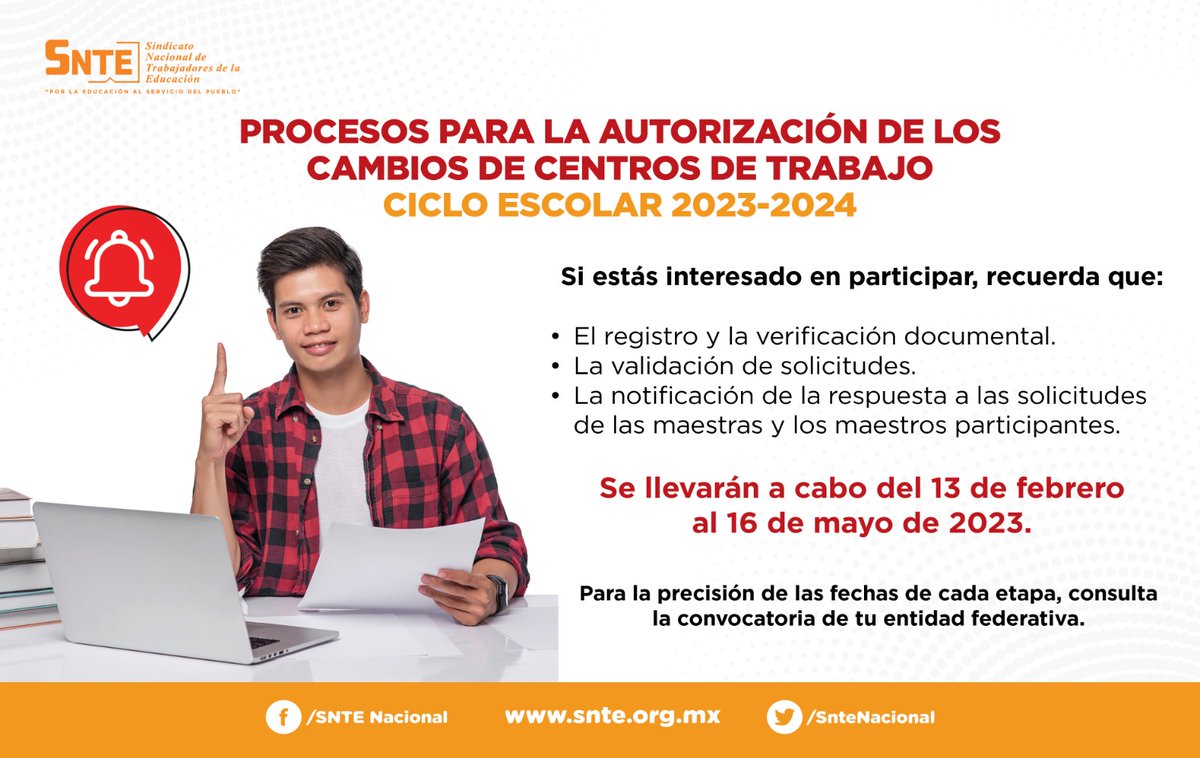 ‼️Es hoy... es hoy‼️
En el marco de los Procesos para Autorización de Cambios de Centro de Trabajo 2023-2024 🗓️ hoy inicia y termina en mayo 16 el registro/verificación documental✔️ validación de solicitudes✔️ y notificación de respuesta✔️ 

Ve fechas en tu convocatoria estatal📜