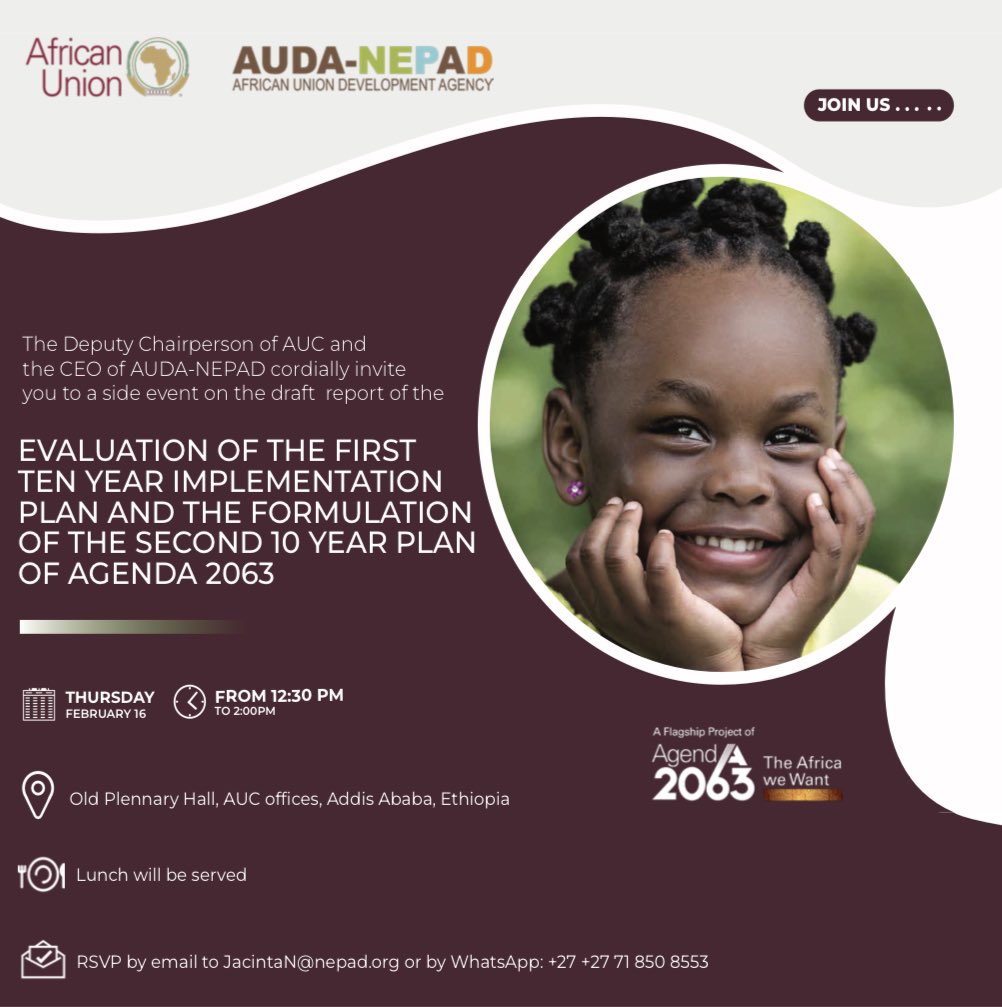 NEPAD_Agency's tweet image. Join us as we reflect on the progress registered in the first decade of Agenda 2063 implementation &amp;amp; highlight key
priorities for the Second Ten Year Implementation Plan, under the theme &quot;Deepening &amp;amp; Accelerating the Implementation on Agenda 2063&quot;.#TheAfricaWeWant @nardosbthomas