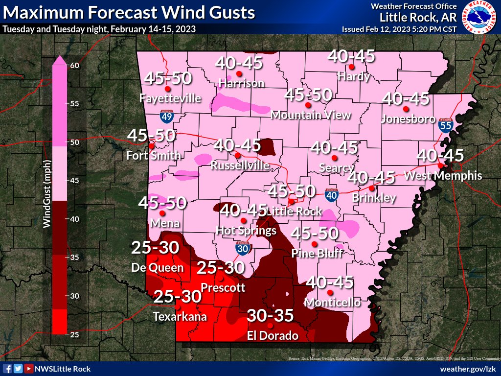 NWSLittleRock's tweet photo. 🎶Ooooo-klahoma where the wind comes sweepin' down the plain 🎶

Wait... this isn't Oklahoma, but the wind is coming anyway and it's going to sweep down more than just "the plain" on Tuesday! Strong southerly winds sustained up to 30 mph with gusts of 40+ mph are likely! #arwx https://t.co/tq9gjKl0Kb