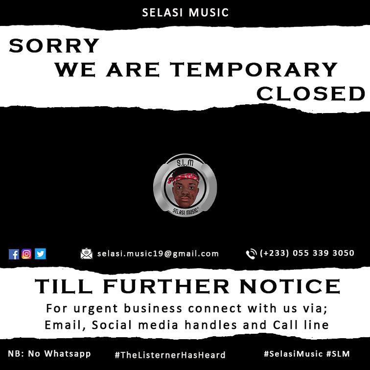 Selasi_Music's tweet photo. Notice:

We’d like to inform our loyal fans that we’re going a temporary break  until further notice. 

We sincerely apologise for any inconvenience this temporary closure may cause. Our whatsapp line maybe inactive in the next 2/3month but You may reach us through. Thank y’all https://t.co/TwZ4VF9khY