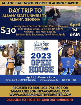 DekalbSSC's tweet photo. ATTN DCSD🥳🥳
A trip to Albany State University's open house is coming up! Sponsored by the Albany State North Perimeter Alumni Chapter! 
Check out the flyer for more details. 
Day Trip: April 1st, 10-1pm
The deadline to register is March 26th.

Don't miss this great opportunity! https://t.co/QYkofCBTxY