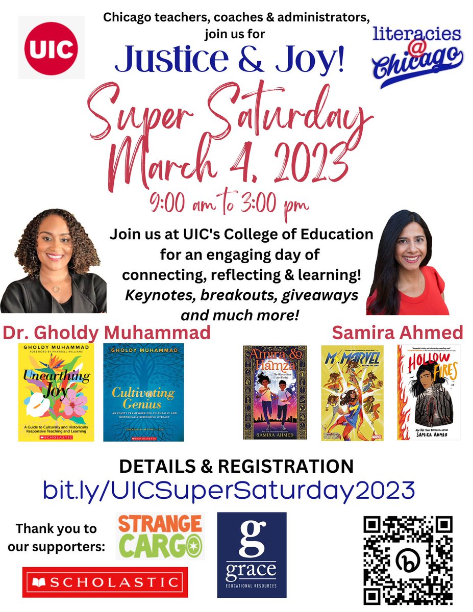 Chicago educators... while you're in the mood for stuff that's SUPER, go register for SUPER SATURDAY: Justice &amp; Joy! Saturday, March 4, 9a-3p at <a href="/UIC_CollegeofEd/">UIC College of Education</a>. <a href="/GholdyM/">Gholdy Muhammad</a> and @sam_aye_ahm are going to be there! (can't get more super than that) Register at bit.ly/UICSuperSaturd…