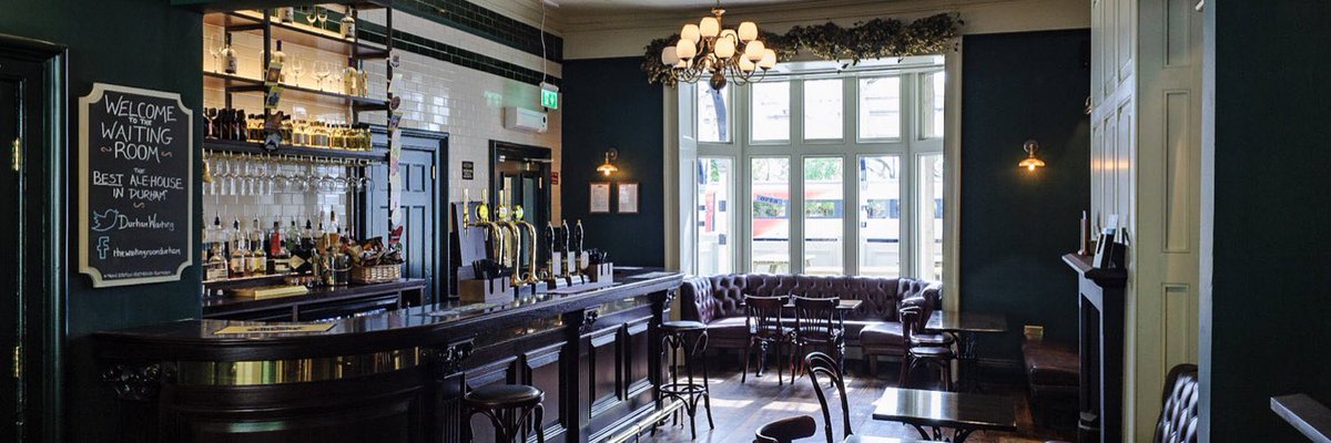 🍸A tale of 2 drinking houses, both in Durham, both called The Waiting Room 🇺🇸On the left is the one in my city in North Carolina; we drank fabulous cocktails there this weekend 🇬🇧On the right is the one on Platform 2 of the railway station in Durham, England (@DurhamWaiting)