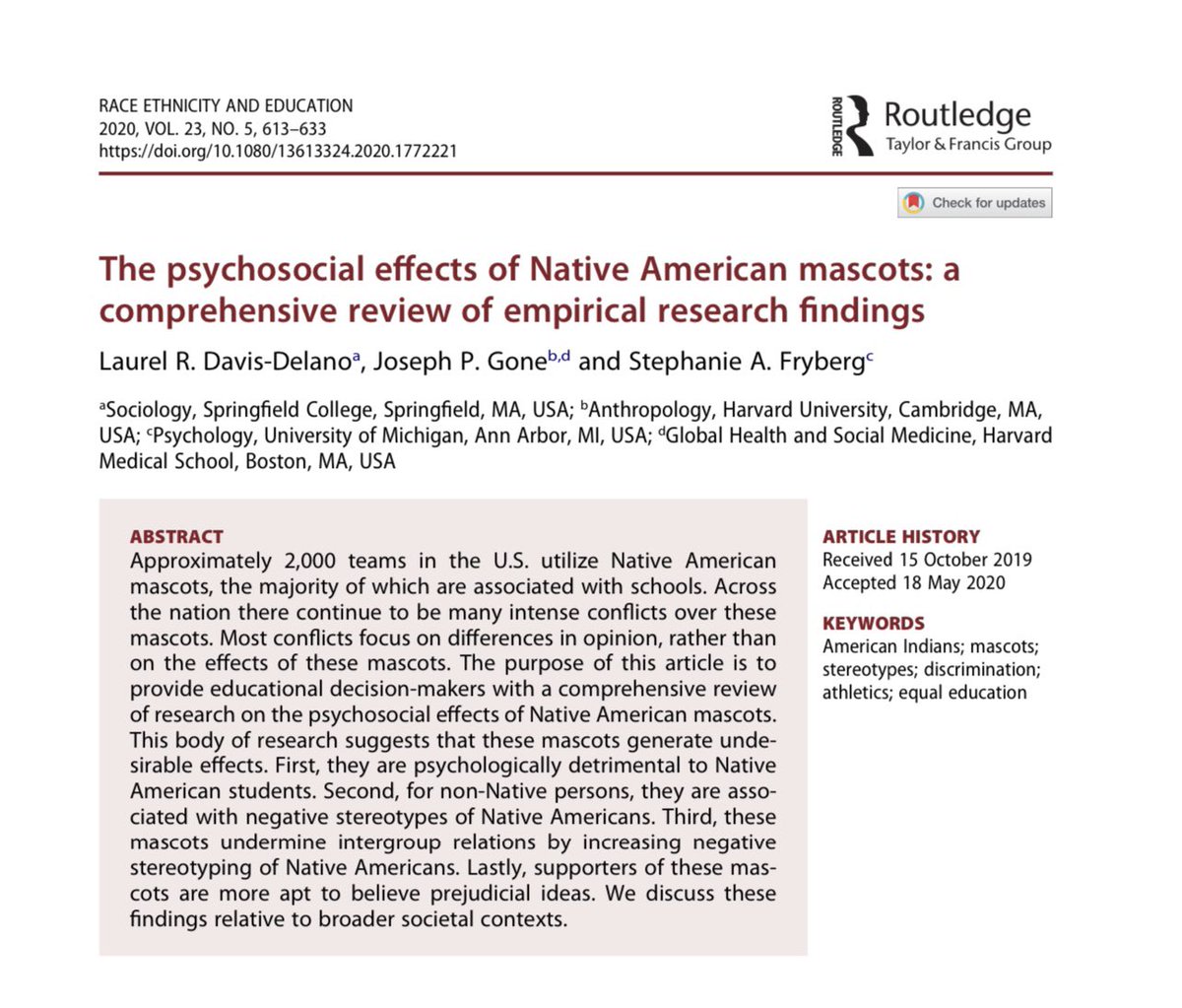 Watching Super Bowl LVII? Rooting for the Ch*efs? Here’s some findings from a review of research on the psychosocial effects of Native American mascots 🧵 1. Native mascots have negative psychological effects (e.g., depression, self-esteem, community worth) on Native students