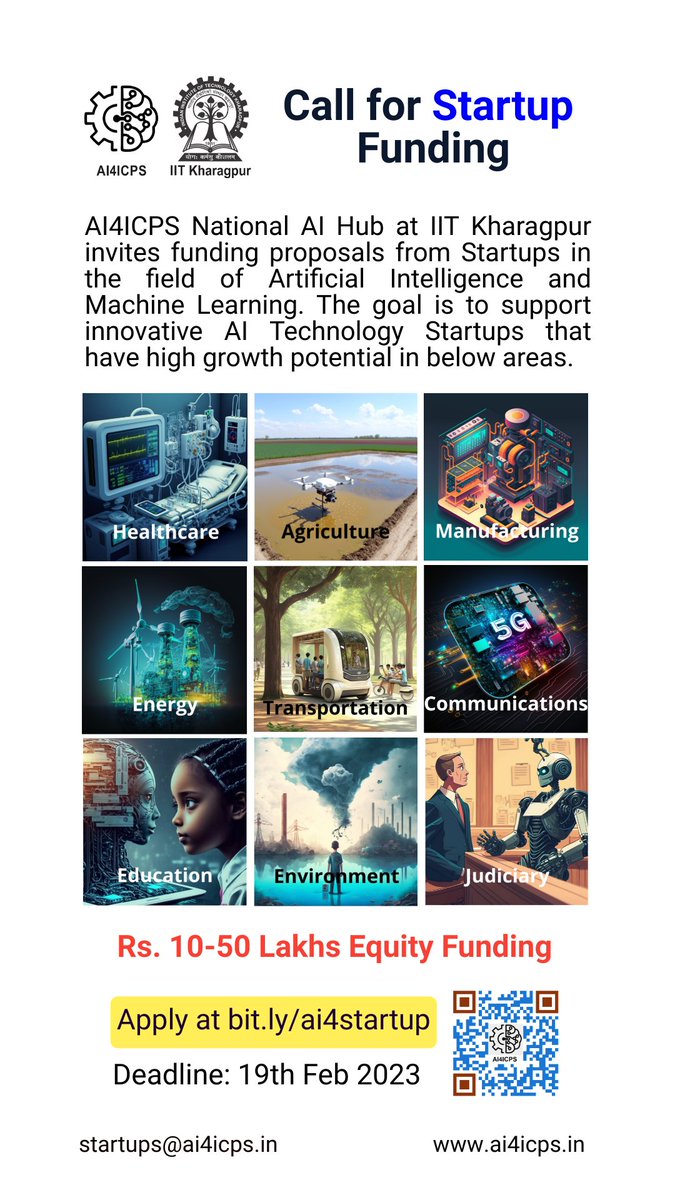 National Call for #Startup #Funding by <a href="/iitkharagpur/">iit kharagpur</a> 's <a href="/ai4icps/">AI4ICPS | IIT Kharagpur</a> for the startups that are operating in #DeepTech #Ai domain. 
Apply here: bit.ly/ai4startup
<a href="/TheAPStartups/">apstartups</a> <a href="/SridharKosaraju/">Sreedhar Kosaraju</a>
