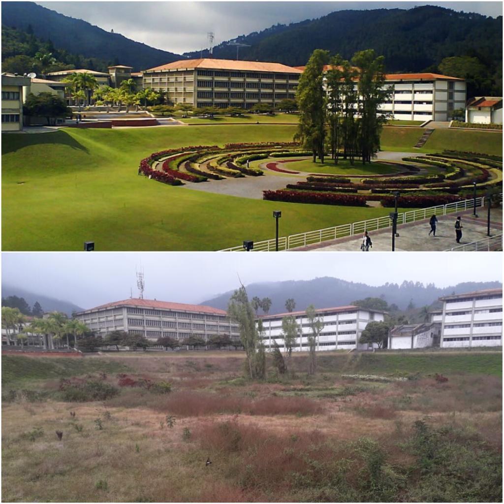 botellazo's tweet photo. Está es la USB @campusb. La foto de arriba fue tomada antes de la llegada del chavismo. La de abajo es reciente. No existe nada q la plaga  chavista no haya destruido. Por dentro la destrucción es aún peor. Fue considerada en algún momento de las mejores universidades de América. https://t.co/7hczuFGcFU