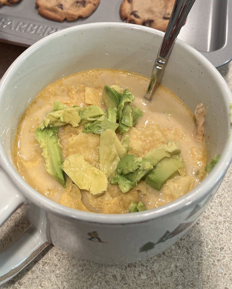 Enjoying my avocado from Mexico today in white bean chicken chili #yum