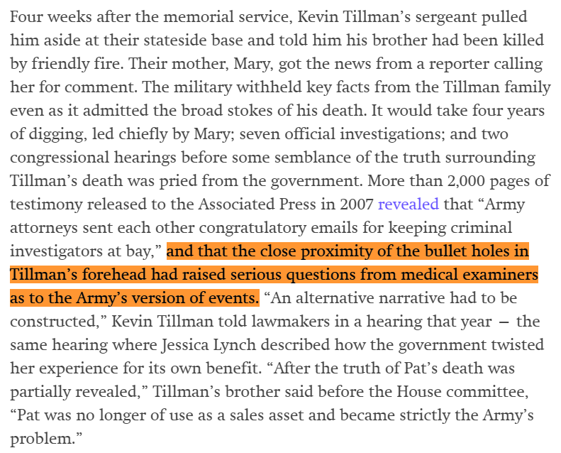 zei_squirrel's tweet photo. the crucial part from the piece concerns the bullet holes in Pat Tillman's forehead fired from close range, which the military lied about and was only revealed much later after Tillman's mom forced the issue and didn't accept the government's lies. This is how depraved they are https://t.co/IwwmDa33Dx