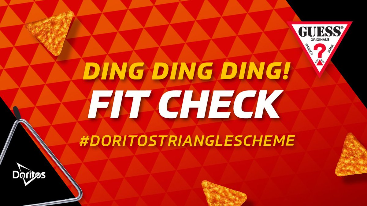 Doritos's tweet image. Fit Check! 👀 Let’s see what you’re rockin’ with on game day. Reply with what you’re wearing to watch the game and you might win something from @Guess. #GUESSORIGINALS #SuperBowl #DoritosTriangleScheme