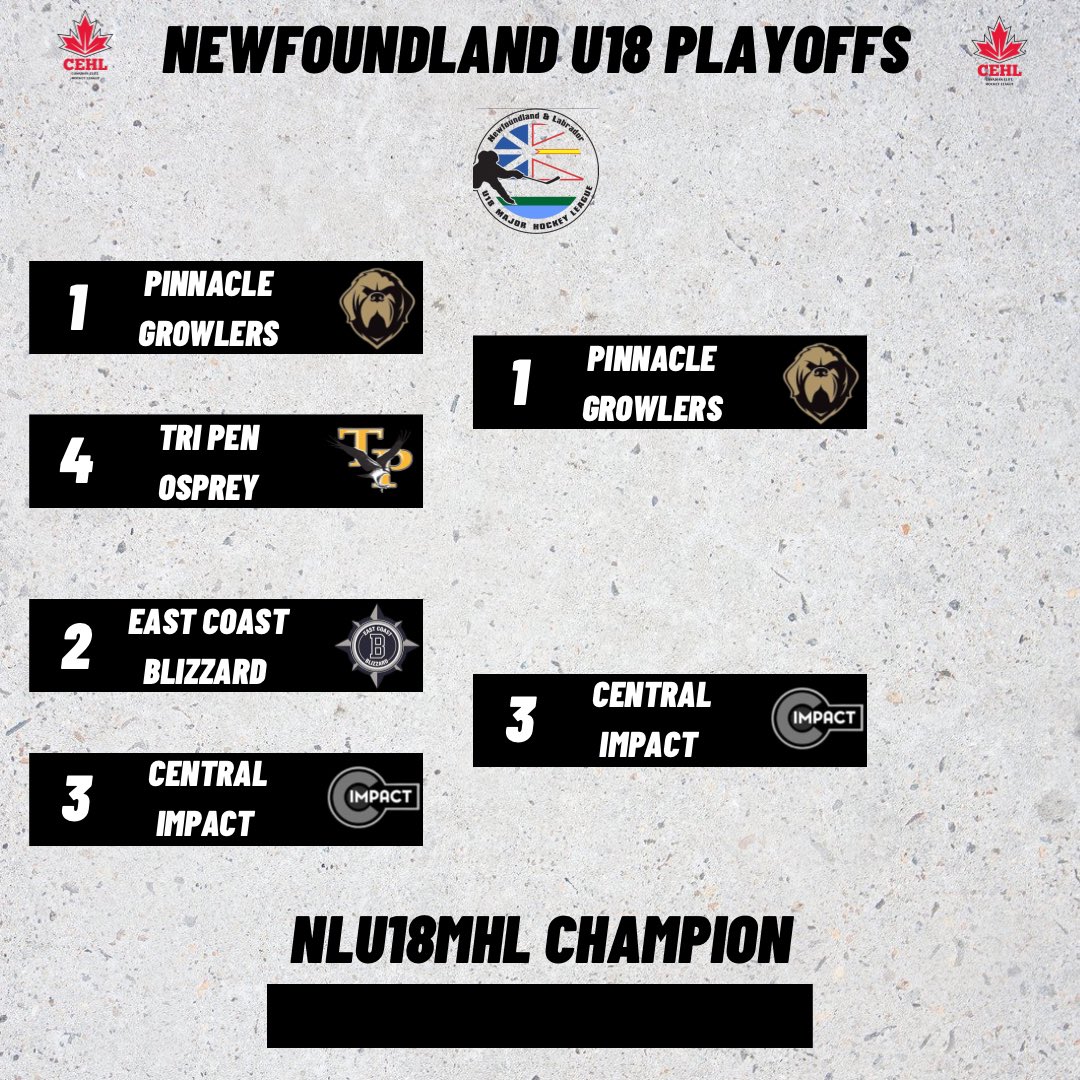CEHL_u18's tweet photo. PLAYOFF UPDATE: A pair of sweeps in the first round of the Newfoundland U18 playoffs have set up the finals and the right to represent the province at the Atlantic Regional Championships! 

Congrats to both teams!

@AAAGrowlers @ImpactAAA @HkyNL https://t.co/vtRqwRmo43