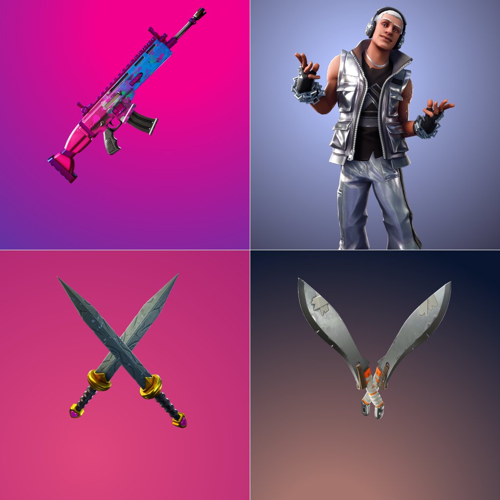 FN_Assist's tweet photo. These rare items have returned to the #Fortnite Item Shop:

- Splatter Spectrum: 828 Days
- Sterling: 781 Days
- Cupid's Daggers: 748 Days
- Metro Machetes: 411 Days https://t.co/BfhL4IGoW1
