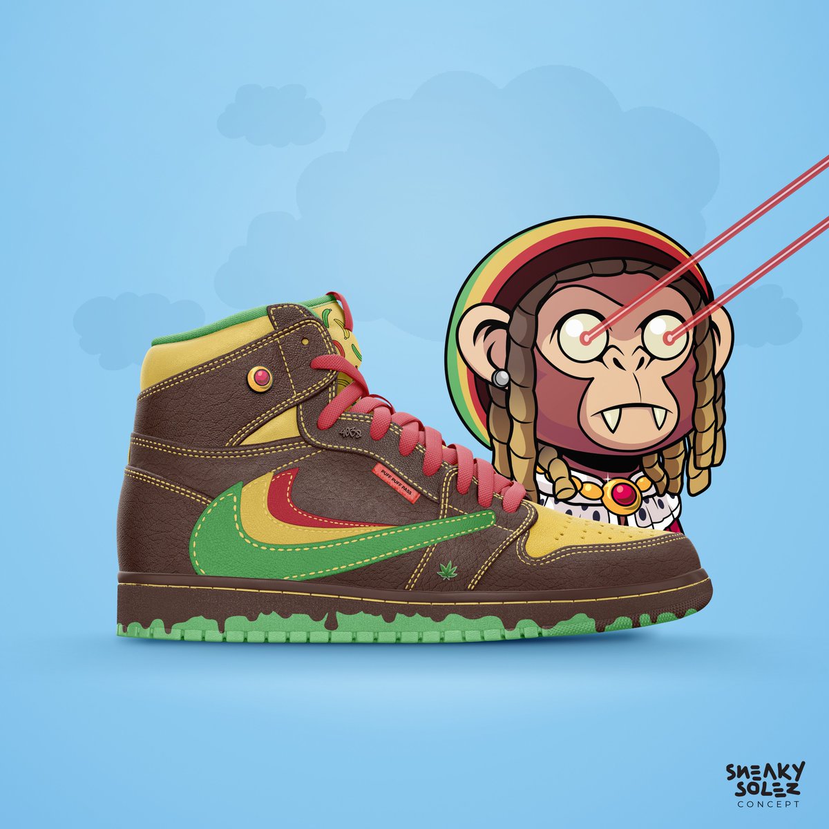 Another AirChimpOne just dropped 👀 SneakySolez #8 for <a href="/JayEs122/">Joe Ice 🧊</a> &amp; his Rasta <a href="/CronosChimpClub/">Cronos Chimp Club (Official)</a> 🍌

You can now touch, smoke &amp; walk on some grass with class #chimpsroamtogether 🥦

Enjoy! 💚

#SneakySolez #Sneakerheads #Crofam #Cro #cronoschain #ccc #chimpions #custom #AJ1