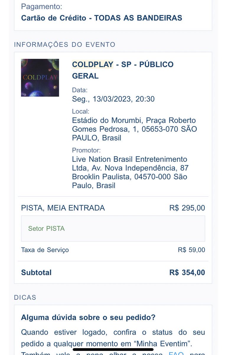 collectaetae's tweet photo. VENDO 2 INGRESSOS COLDPLAY
SÃO PAULO 13/03
PISTA MEIA
R$ 354,00 cada (valor que paguei no site com a taxa) 

Motivo: passagem pra sair de recife está muito cara https://t.co/SHz1J34fof