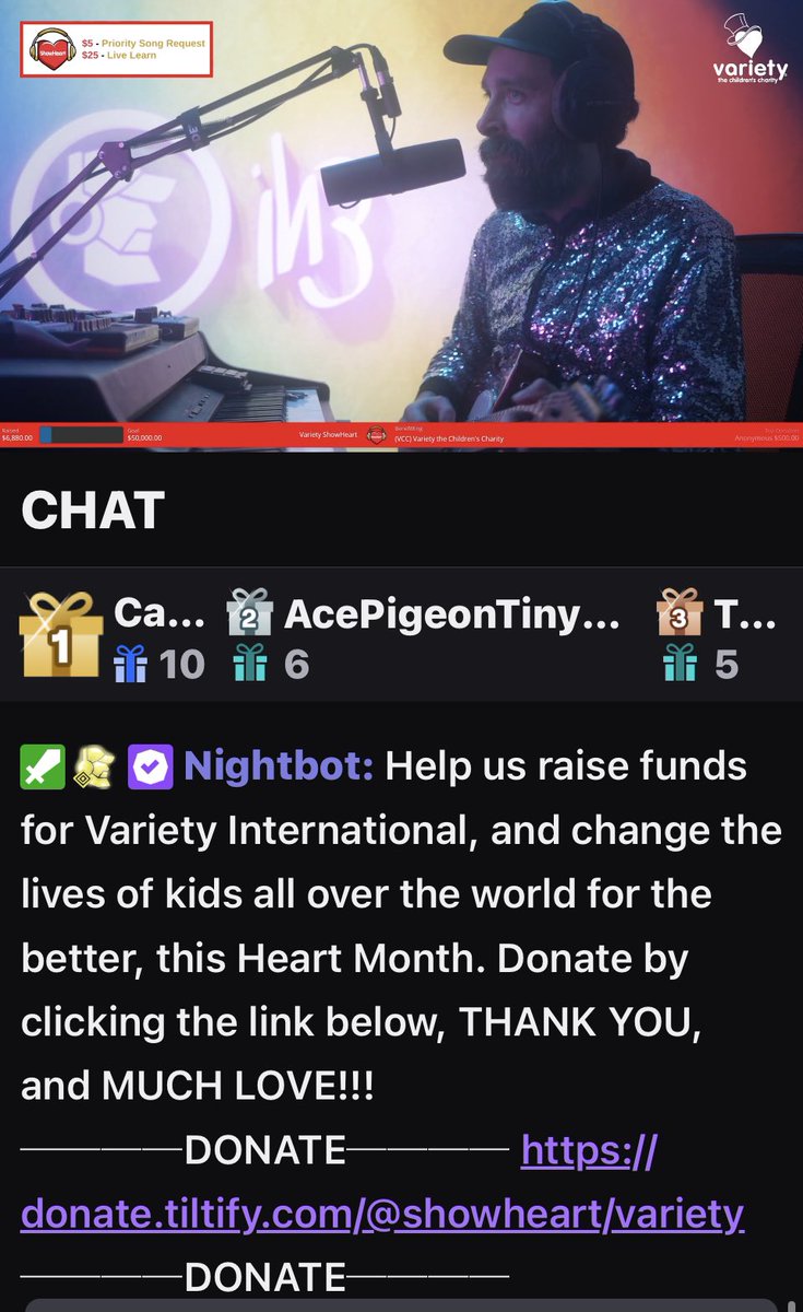 VarietyIntl's tweet photo. We are on day 2 of the 4-day stream-a-thorn to help kids all over the 🌎. ShowHeart 2023! #ShowHeart #streamforgood #raidforkids #varietykidscan #supportvarietykids @iHazABeard https://t.co/aHpt3yaIoR