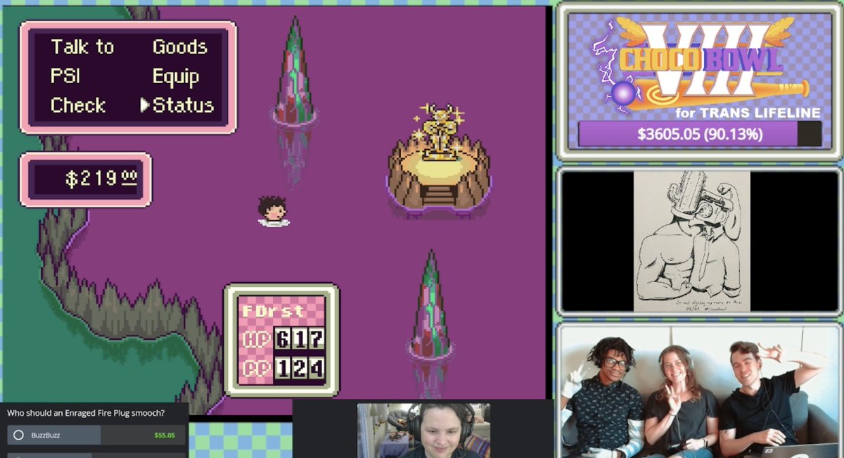 🐤SUPER BOWL HALFTIME SHOW
🛸Tune into our Earthbound marathon for the final boss fight during the OTHER game's halftime!

LIVE NOW twitch.tv/thechocobowl
<a href="/omniboi/">omniboi</a> <a href="/MsMinotaur/">Adriel Wallick</a> <a href="/TeddyDief/">Teddy Dief</a> @Wertle