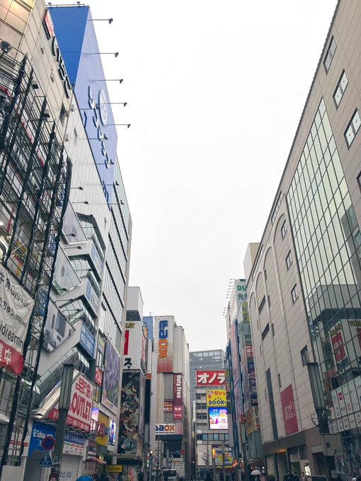 秋葉原だわ!雨だわ!雨の中でバンナムさんのビルの壁仕上げしてるわ 